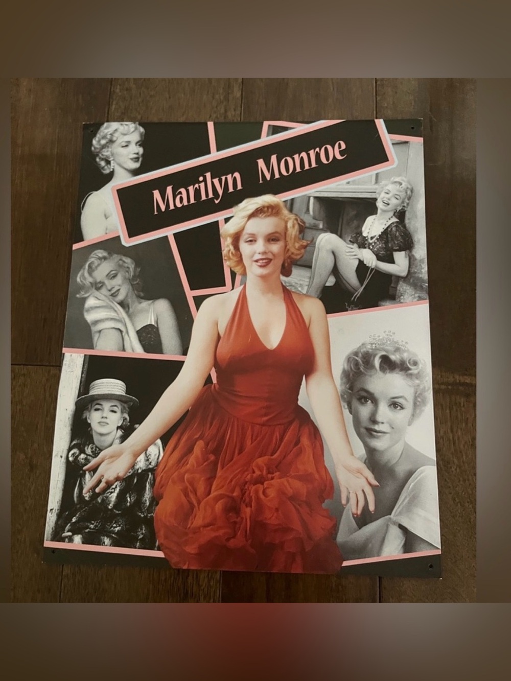Vintage Marilyn Monroe metal Poster with Red Dress and Pink Accents